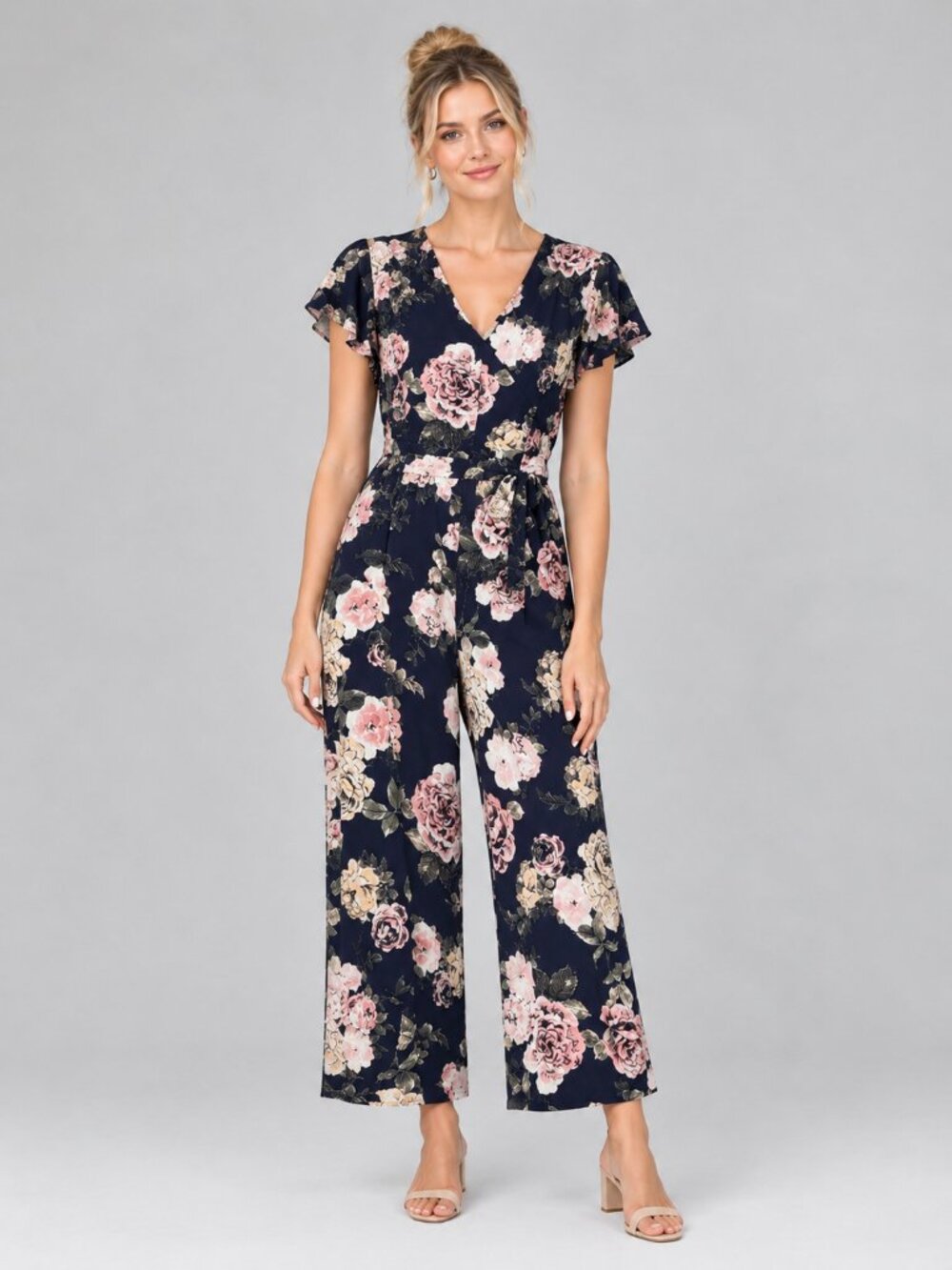 TAHARI Arthur S. Levine Tie Waist Crop Wide Leg Jumpsuit Floral Navy 2 #A4728